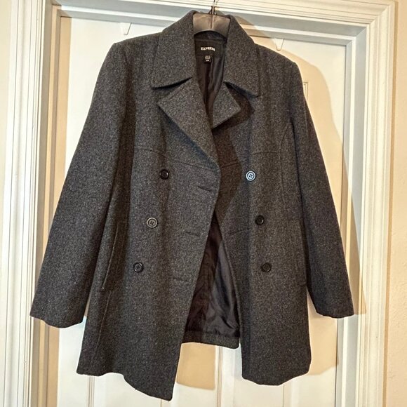 Express Women’s Wool Blend Lined Dark Gray Peacoat Jacket Size 7/8 - Picture 2 of 7